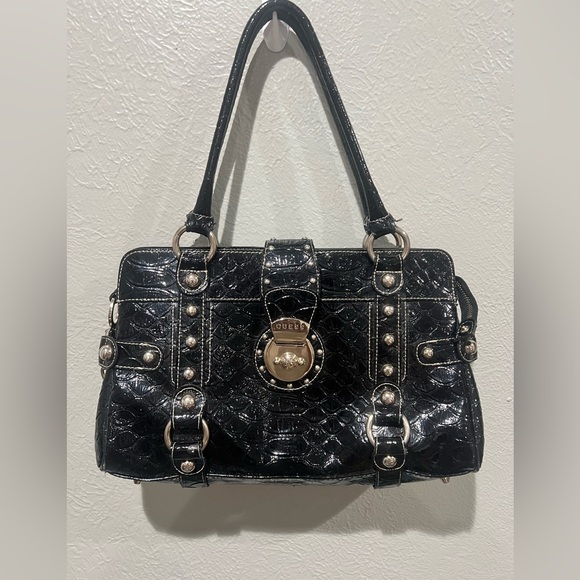 Guess Handbags - Guess Black Patent Croc-Embossed Satchel with Studded Hardware Y2K Beauty EUC